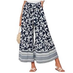 Size M Grace Karin Navy & white floral pull-on palazzo pants & tie waist.